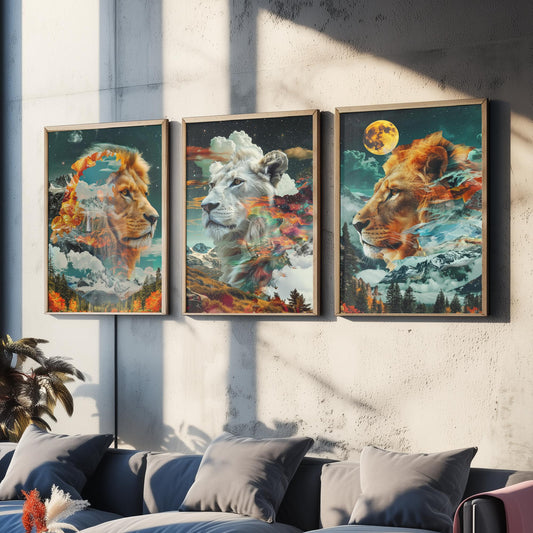 Lion Set of Three Art Prints - 3 Double Exposure Big Cat Posters - Surreal Mountain Moon Nature Wall Art Gift Painting