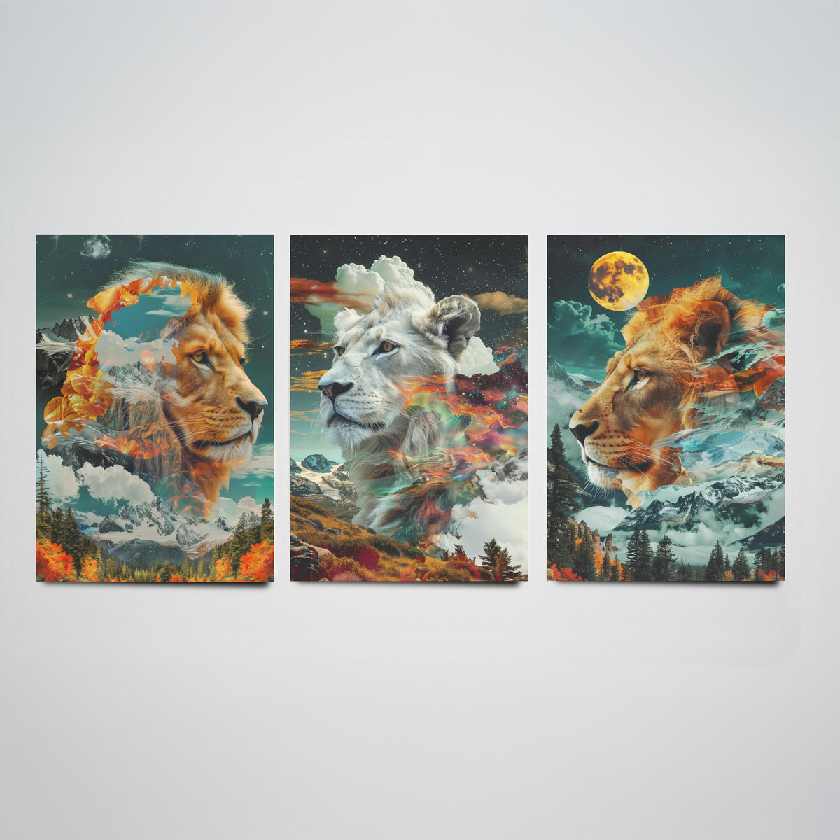 Lion Set of Three Art Prints - 3 Double Exposure Big Cat Posters - Surreal Mountain Moon Nature Wall Art Gift Painting