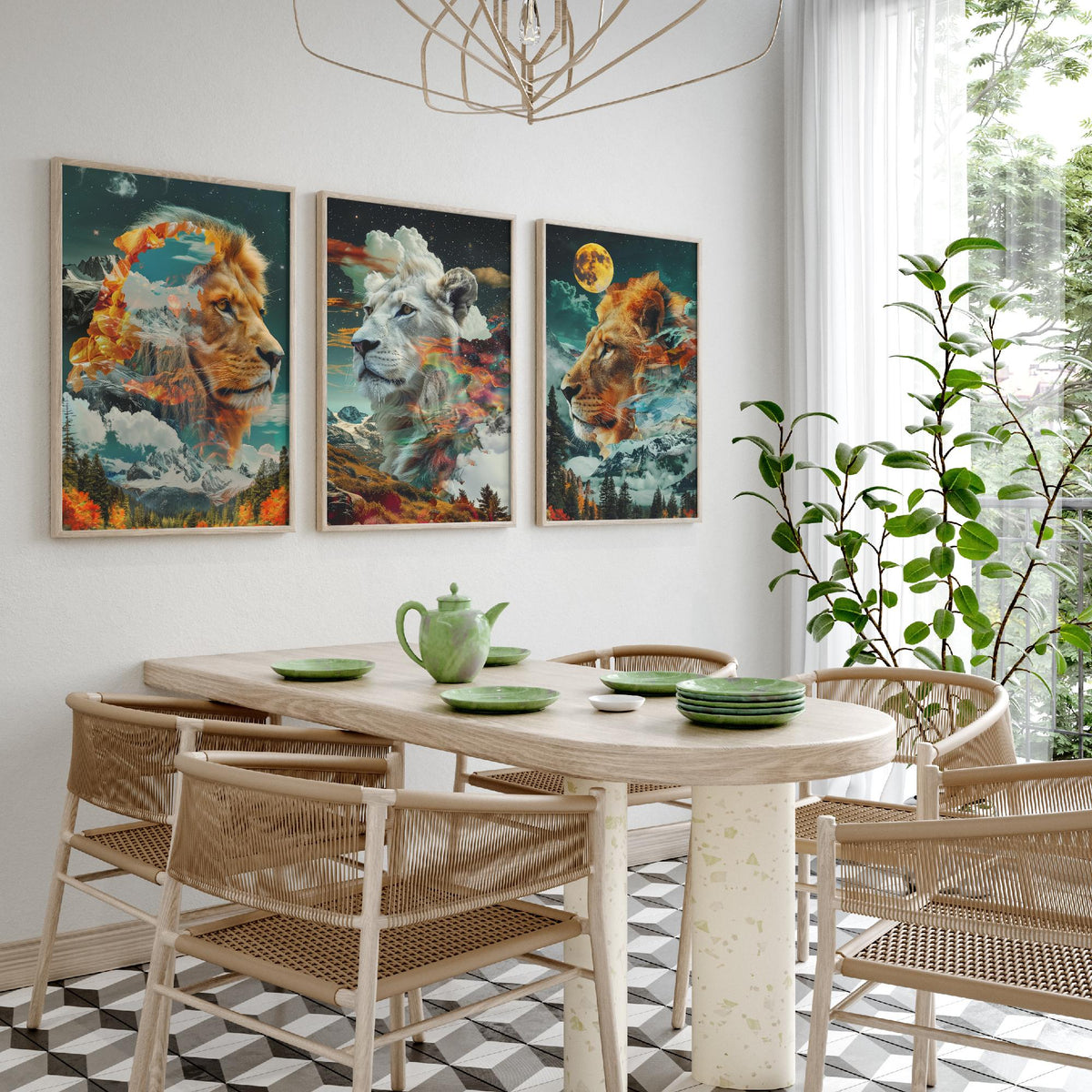 Lion Set of Three Art Prints - 3 Double Exposure Big Cat Posters - Surreal Mountain Moon Nature Wall Art Gift Painting
