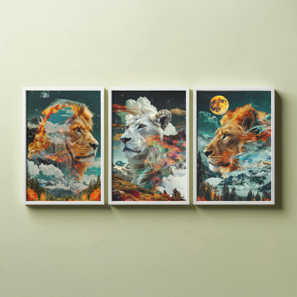 Lion Set of Three Art Prints - 3 Double Exposure Big Cat Posters - Surreal Mountain Moon Nature Wall Art Gift Painting