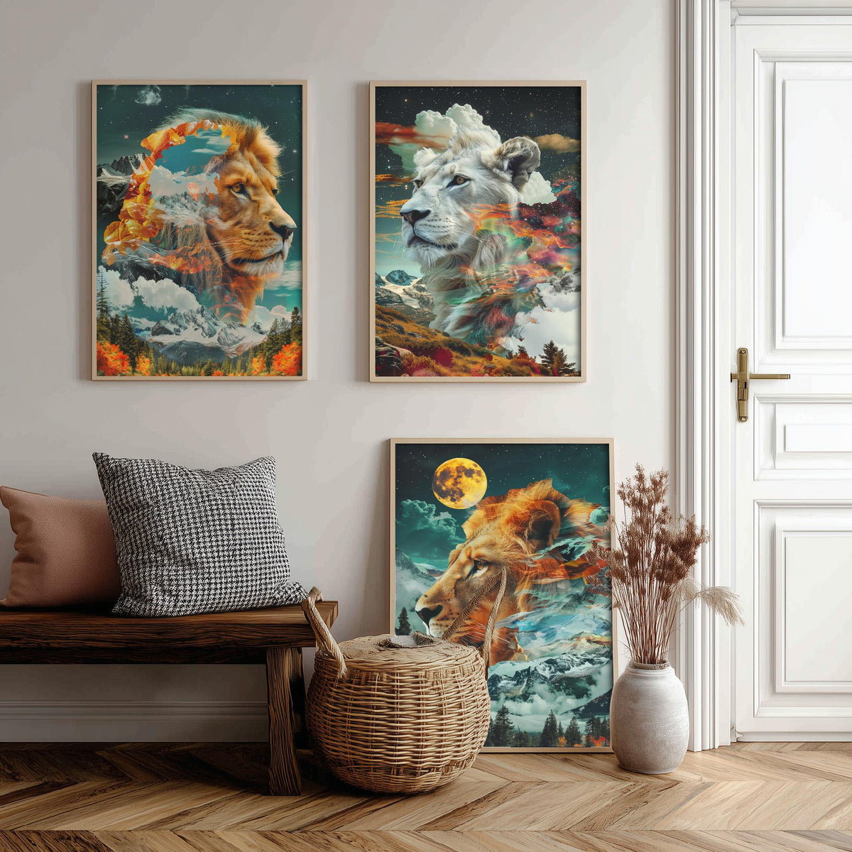 Lion Set of Three Art Prints - 3 Double Exposure Big Cat Posters - Surreal Mountain Moon Nature Wall Art Gift Painting