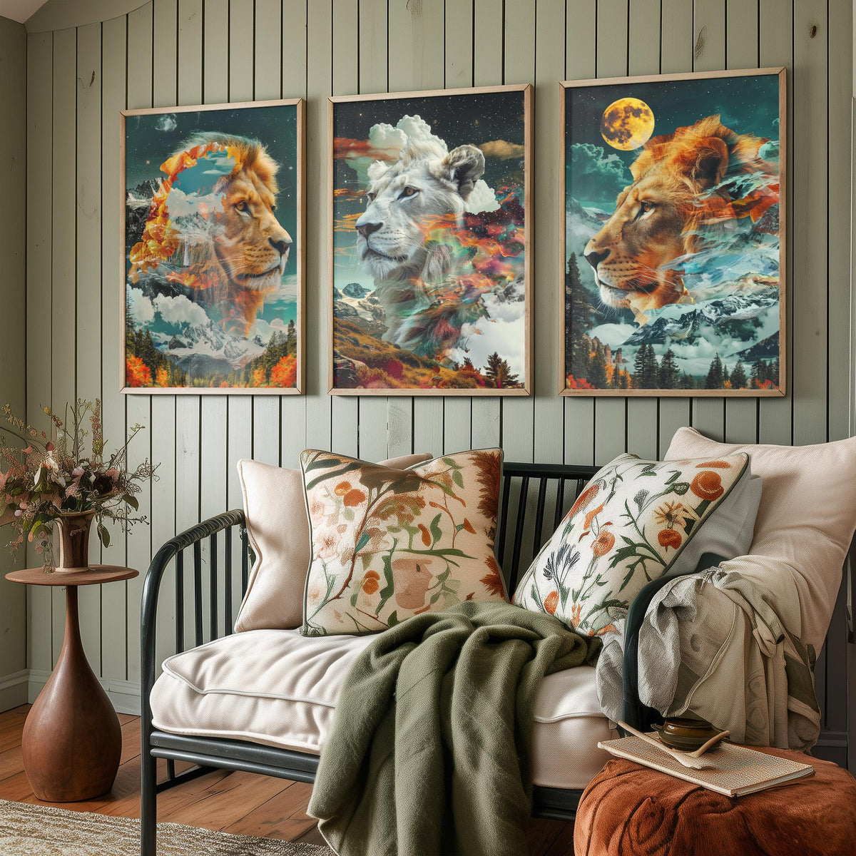 Lion Set of Three Art Prints - 3 Double Exposure Big Cat Posters - Surreal Mountain Moon Nature Wall Art Gift Painting