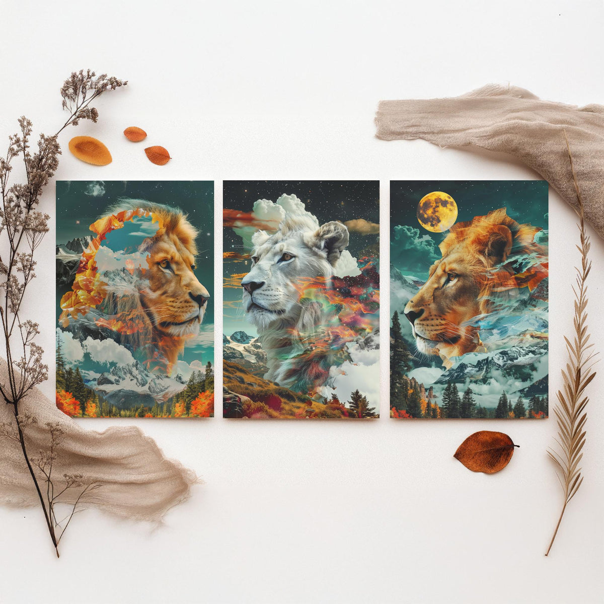 Lion Set of Three Art Prints - 3 Double Exposure Big Cat Posters - Surreal Mountain Moon Nature Wall Art Gift Painting