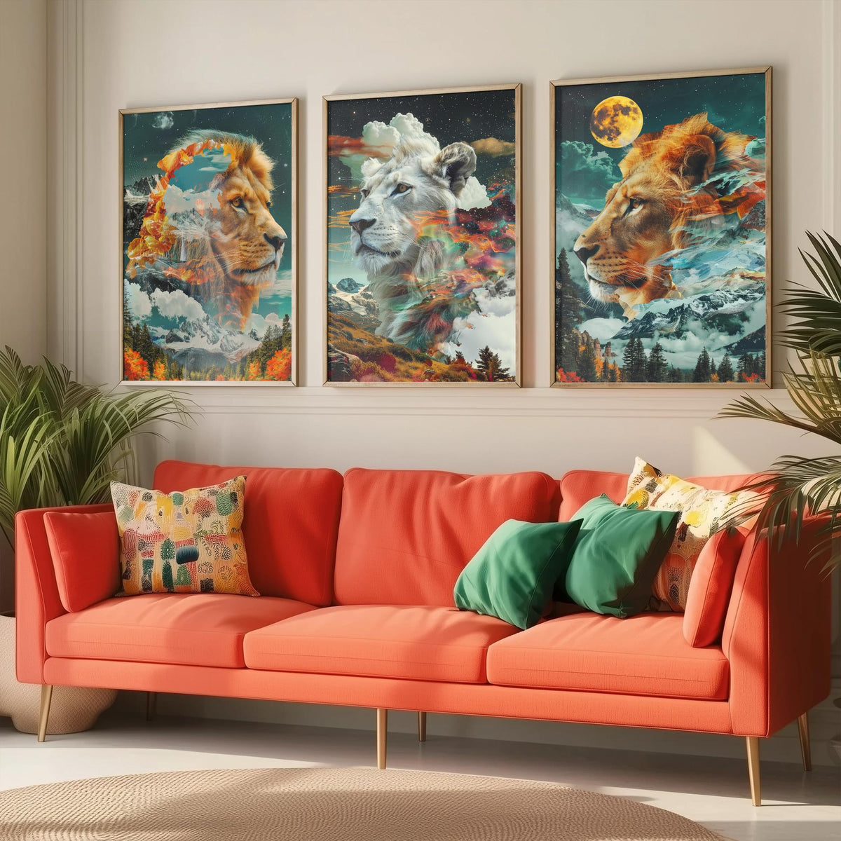 Lion Set of Three Art Prints - 3 Double Exposure Big Cat Posters - Surreal Mountain Moon Nature Wall Art Gift Painting