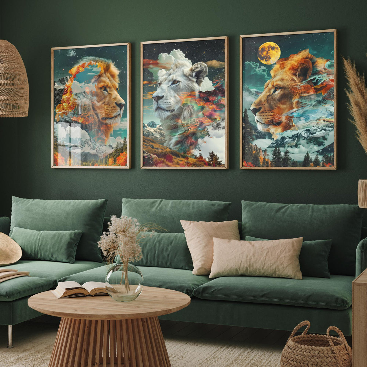 Lion Set of Three Art Prints - 3 Double Exposure Big Cat Posters - Surreal Mountain Moon Nature Wall Art Gift Painting