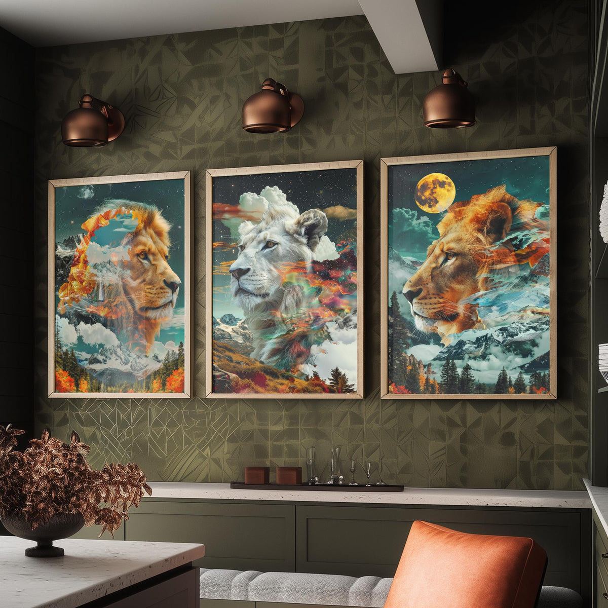 Lion Set of Three Art Prints - 3 Double Exposure Big Cat Posters - Surreal Mountain Moon Nature Wall Art Gift Painting