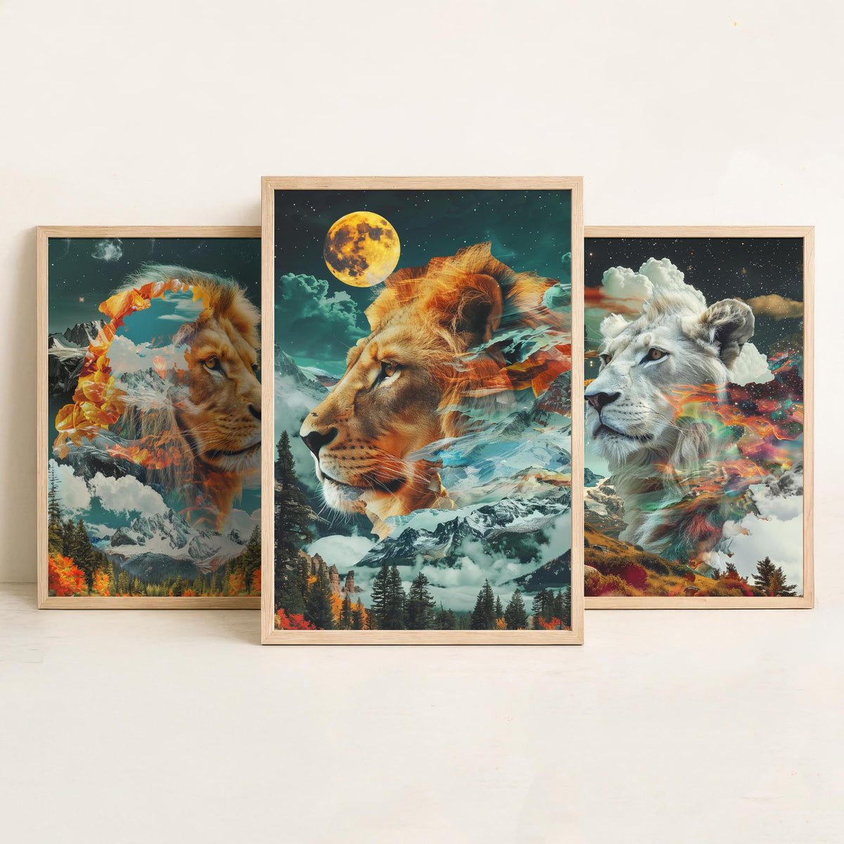 Lion Set of Three Art Prints - 3 Double Exposure Big Cat Posters - Surreal Mountain Moon Nature Wall Art Gift Painting