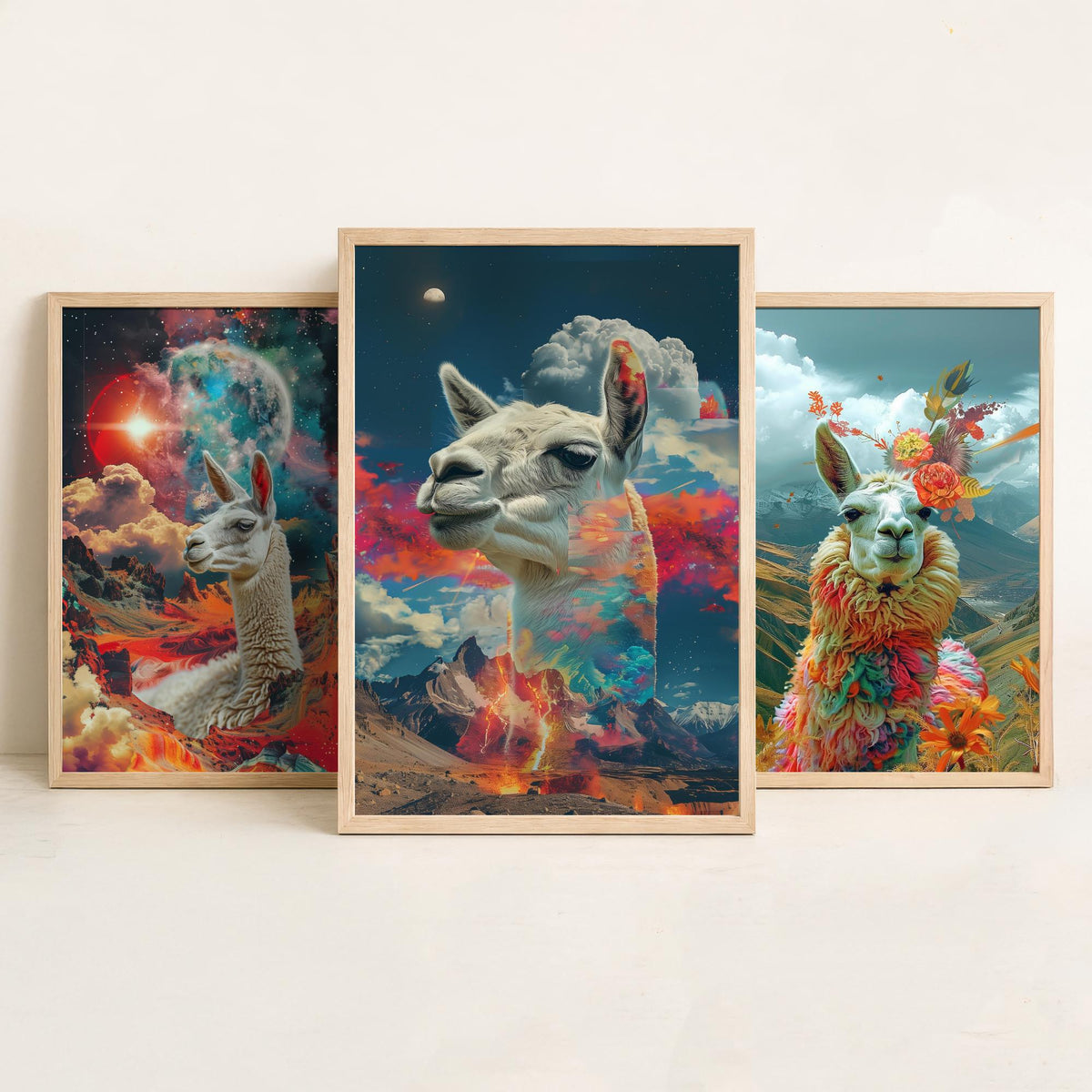 Llama Set of Three Art Prints - 3 Double Exposure Andes Posters - Surreal Mountain Floral Nature Wall Art Gift Painting