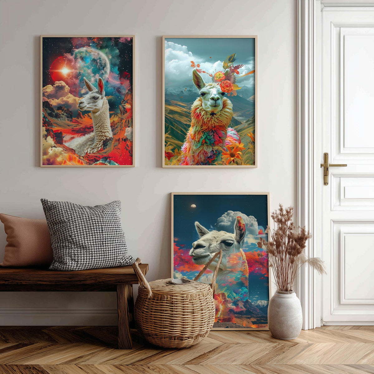 Llama Set of Three Art Prints - 3 Double Exposure Andes Posters - Surreal Mountain Floral Nature Wall Art Gift Painting