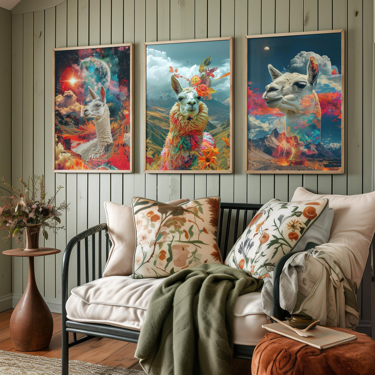 Llama Set of Three Art Prints - 3 Double Exposure Andes Posters - Surreal Mountain Floral Nature Wall Art Gift Painting