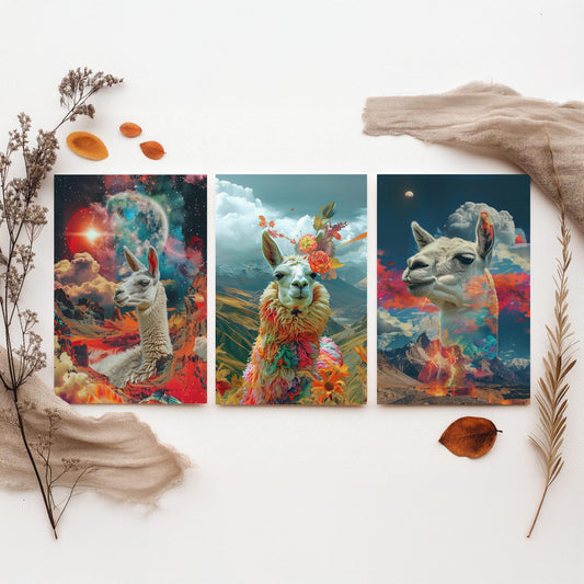 Llama Set of Three Art Prints - 3 Double Exposure Andes Posters - Surreal Mountain Floral Nature Wall Art Gift Painting