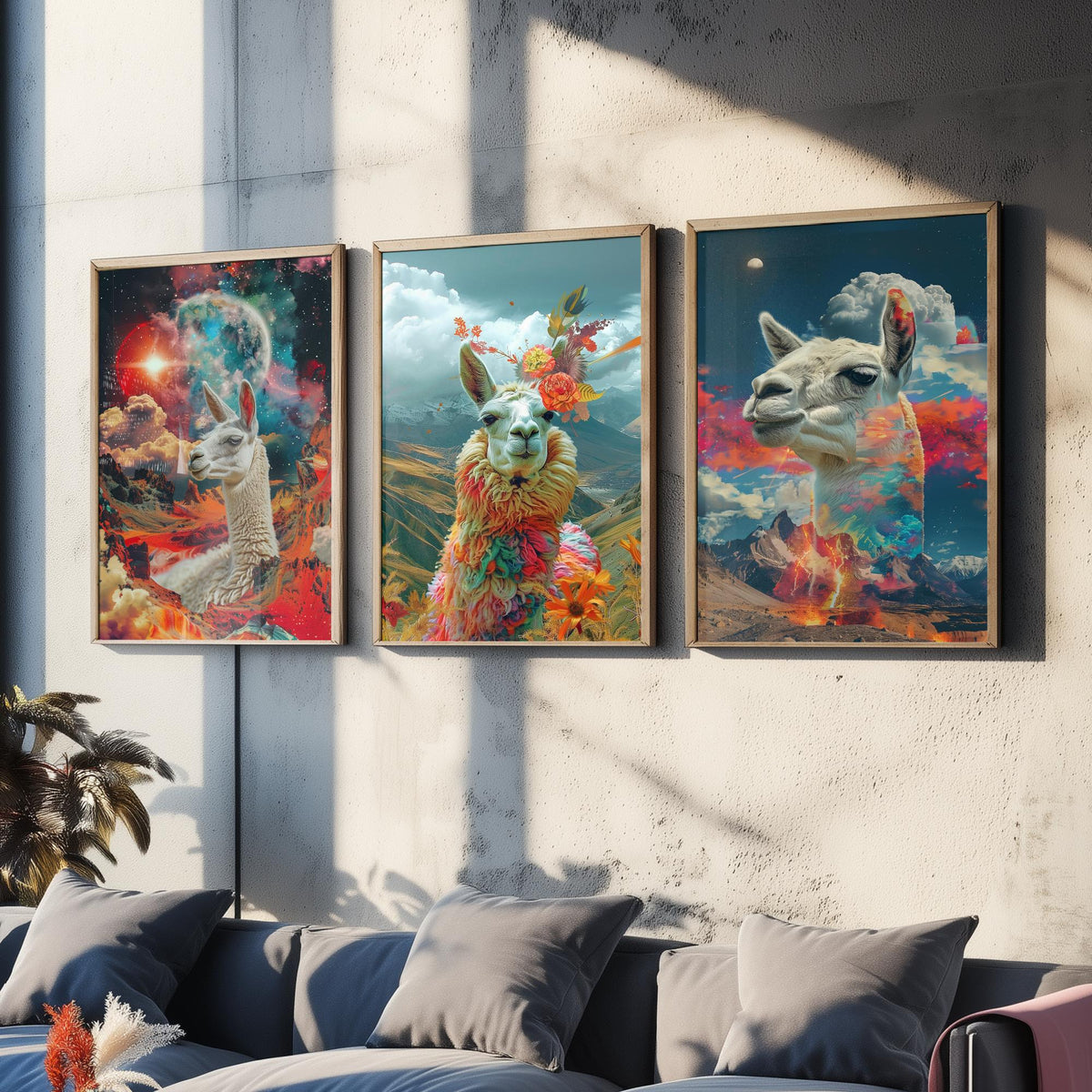 Llama Set of Three Art Prints - 3 Double Exposure Andes Posters - Surreal Mountain Floral Nature Wall Art Gift Painting