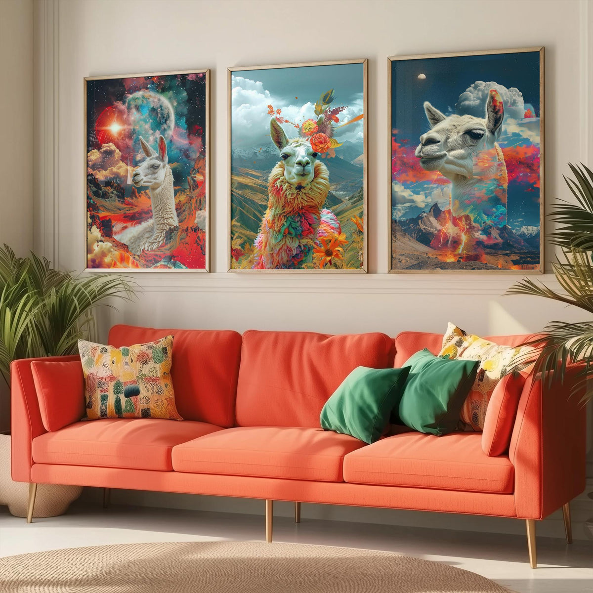 Llama Set of Three Art Prints - 3 Double Exposure Andes Posters - Surreal Mountain Floral Nature Wall Art Gift Painting