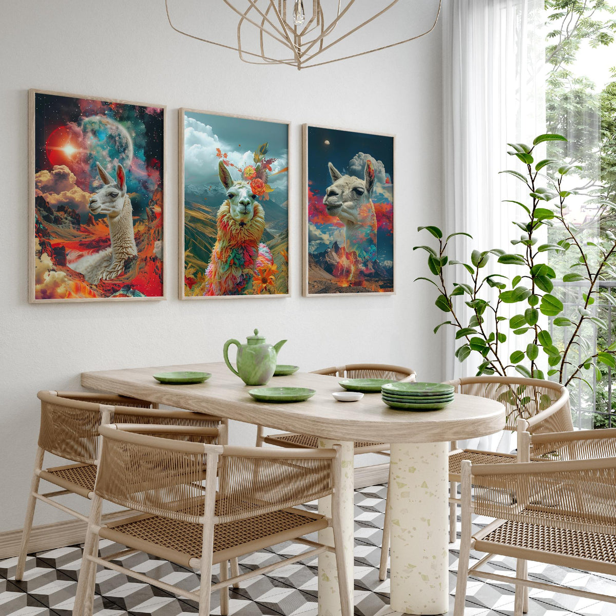Llama Set of Three Art Prints - 3 Double Exposure Andes Posters - Surreal Mountain Floral Nature Wall Art Gift Painting