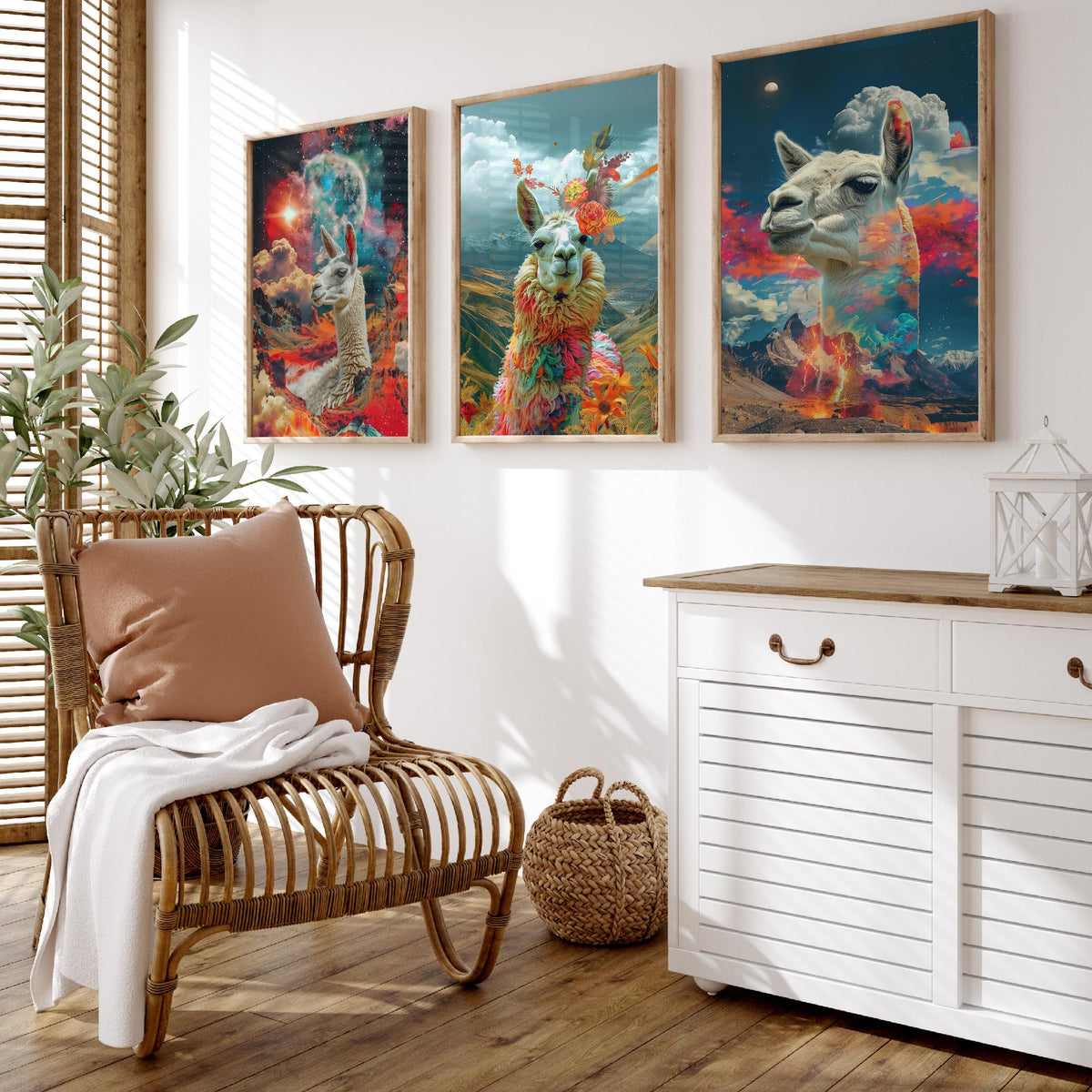Llama Set of Three Art Prints - 3 Double Exposure Andes Posters - Surreal Mountain Floral Nature Wall Art Gift Painting