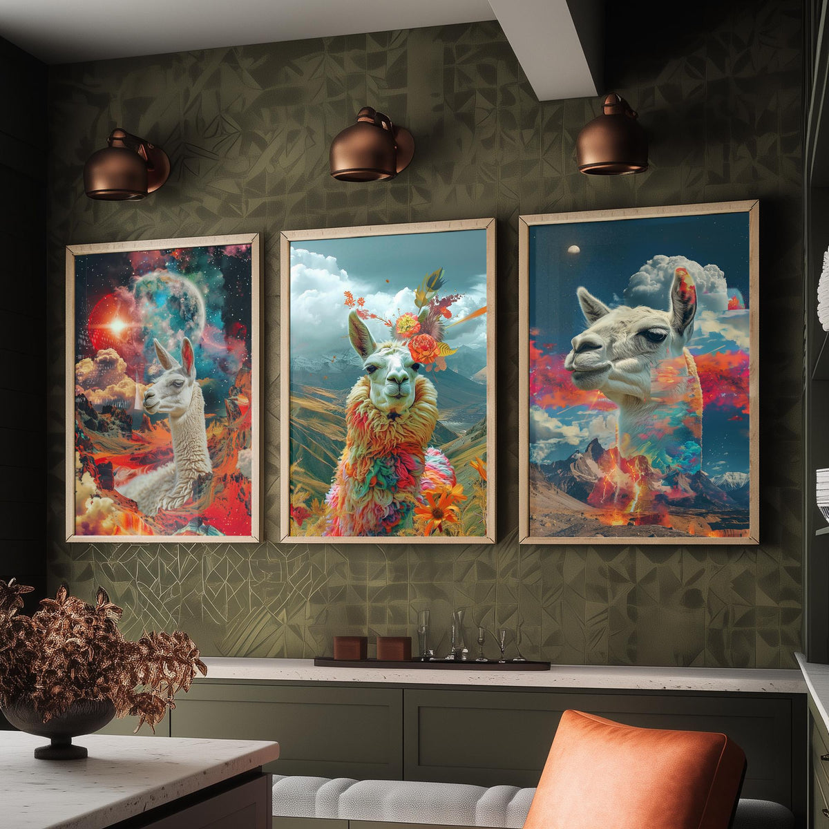 Llama Set of Three Art Prints - 3 Double Exposure Andes Posters - Surreal Mountain Floral Nature Wall Art Gift Painting