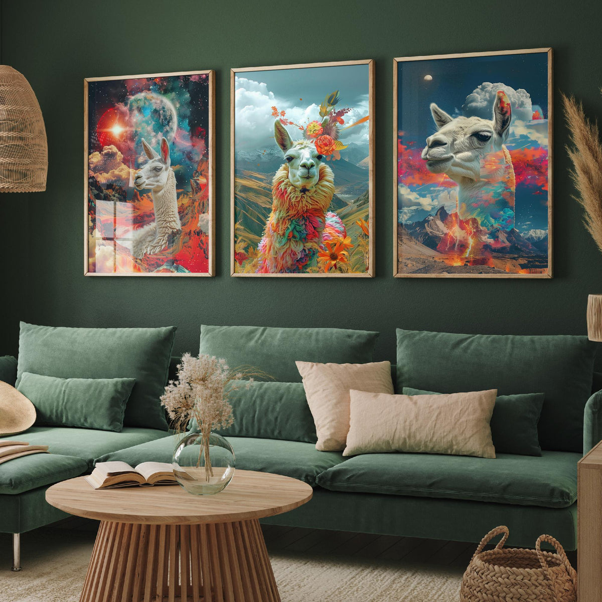 Llama Set of Three Art Prints - 3 Double Exposure Andes Posters - Surreal Mountain Floral Nature Wall Art Gift Painting