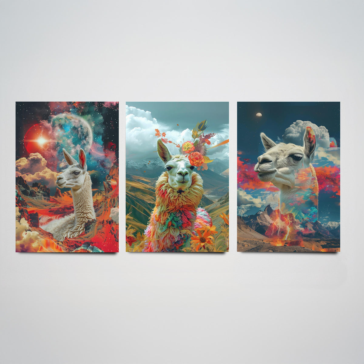 Llama Set of Three Art Prints - 3 Double Exposure Andes Posters - Surreal Mountain Floral Nature Wall Art Gift Painting