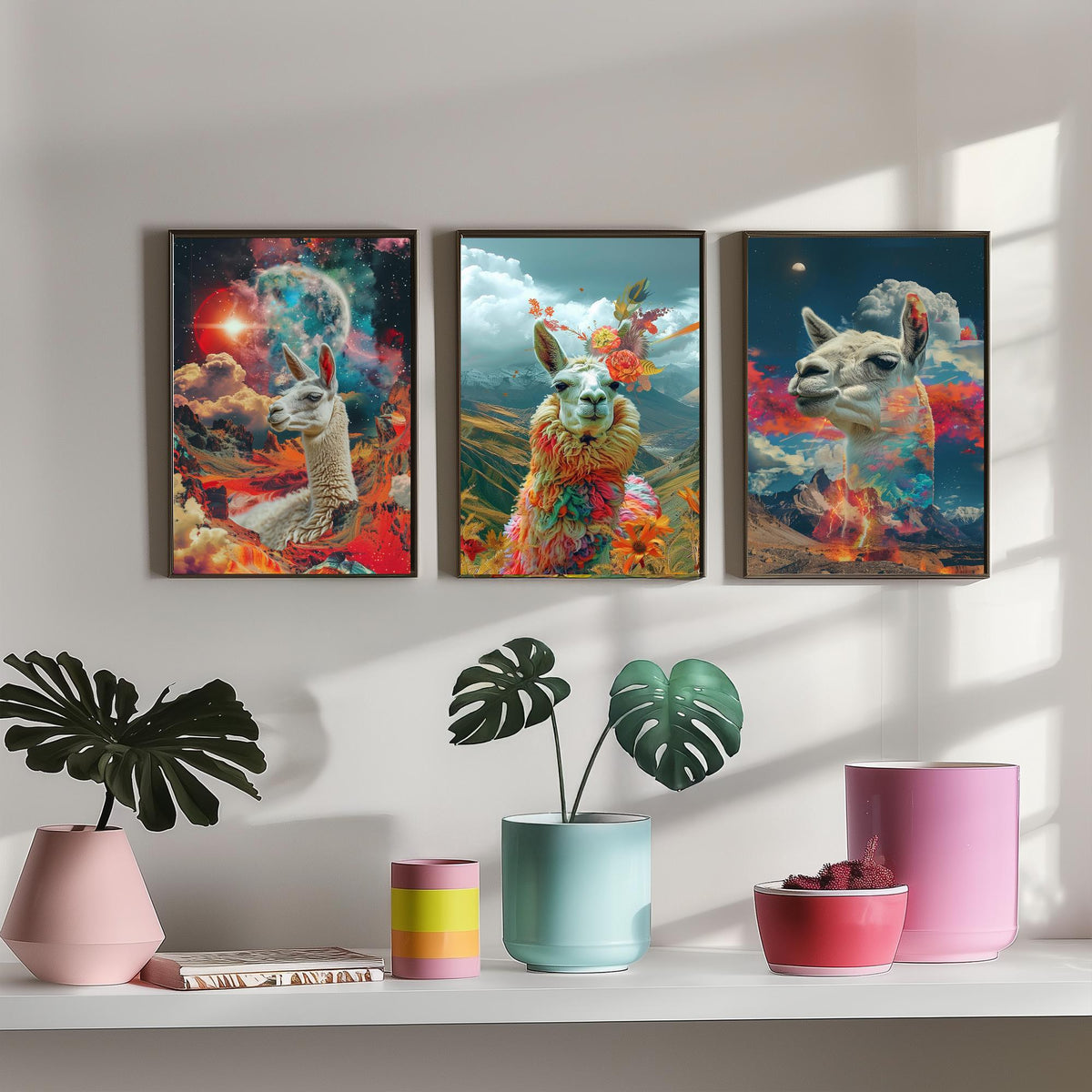 Llama Set of Three Art Prints - 3 Double Exposure Andes Posters - Surreal Mountain Floral Nature Wall Art Gift Painting
