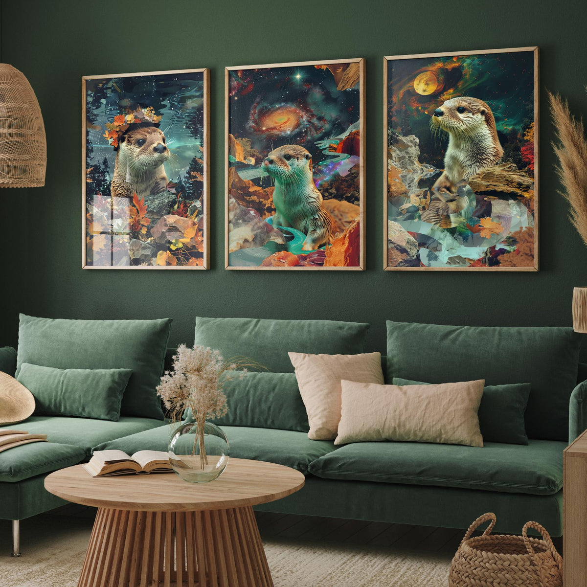 Otter Set of Three Art Prints - 3 Double Exposure River Posters - Surreal Galaxy Autumn Nature Wall Art Gift Painting Decor