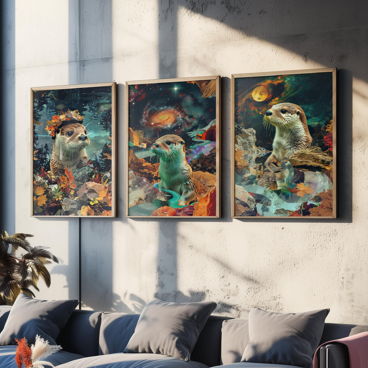Otter Set of Three Art Prints - 3 Double Exposure River Posters - Surreal Galaxy Autumn Nature Wall Art Gift Painting Decor