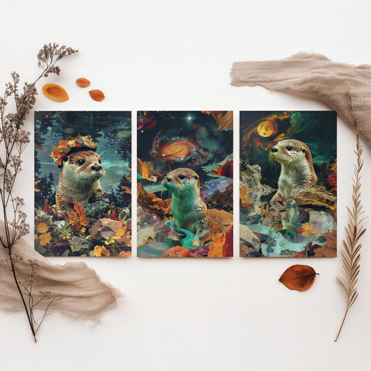 Otter Set of Three Art Prints - 3 Double Exposure River Posters - Surreal Galaxy Autumn Nature Wall Art Gift Painting Decor
