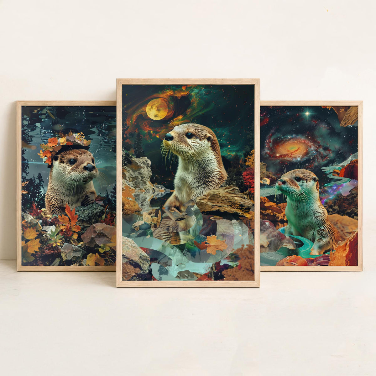 Otter Set of Three Art Prints - 3 Double Exposure River Posters - Surreal Galaxy Autumn Nature Wall Art Gift Painting Decor