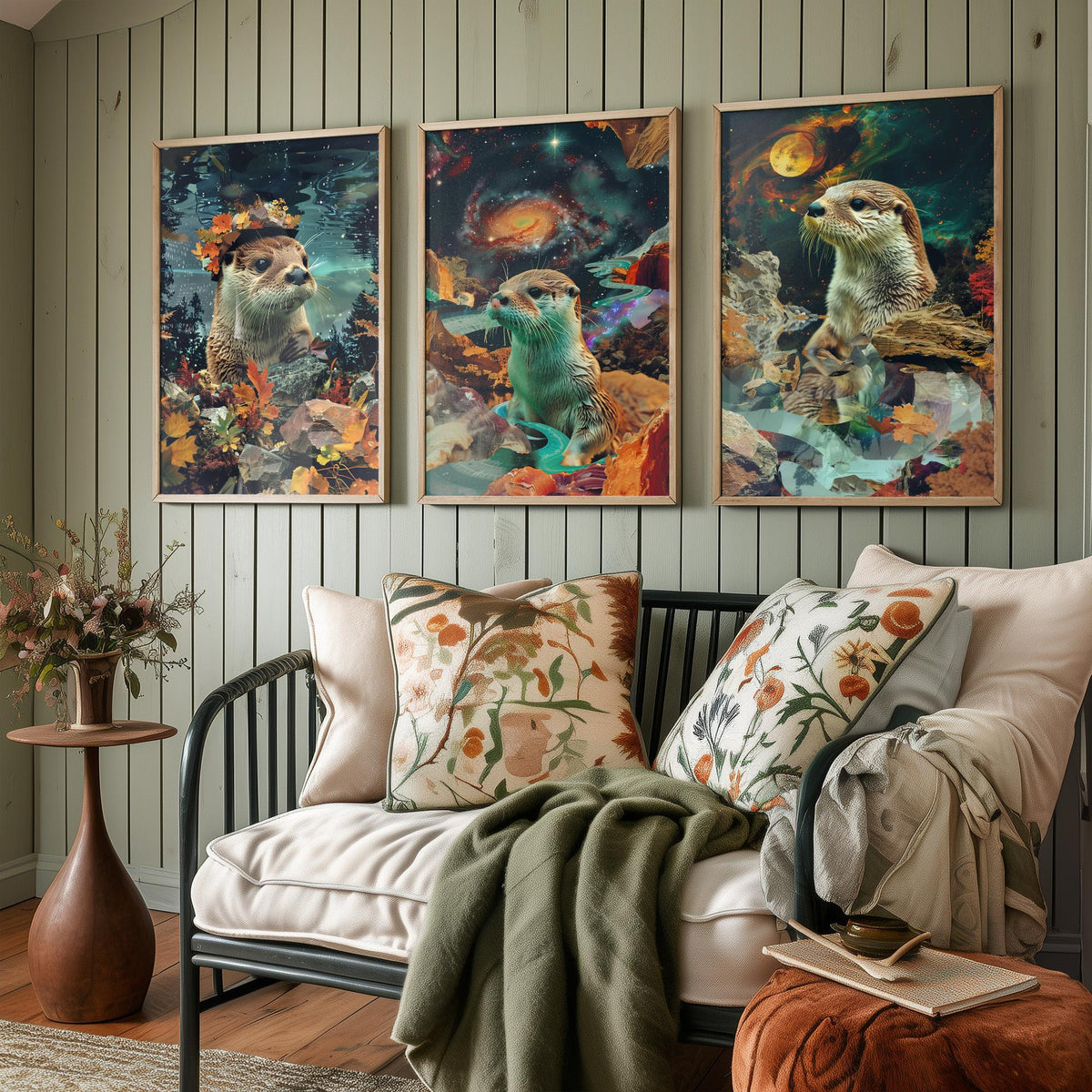 Otter Set of Three Art Prints - 3 Double Exposure River Posters - Surreal Galaxy Autumn Nature Wall Art Gift Painting Decor