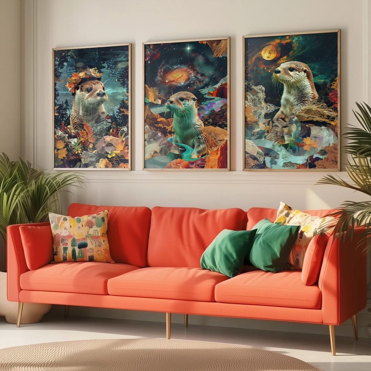 Otter Set of Three Art Prints - 3 Double Exposure River Posters - Surreal Galaxy Autumn Nature Wall Art Gift Painting Decor