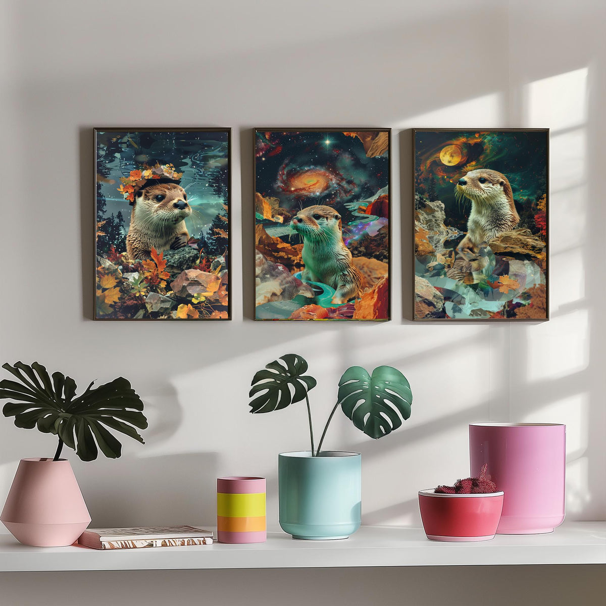 Otter Set of Three Art Prints - 3 Double Exposure River Posters - Surreal Galaxy Autumn Nature Wall Art Gift Painting Decor