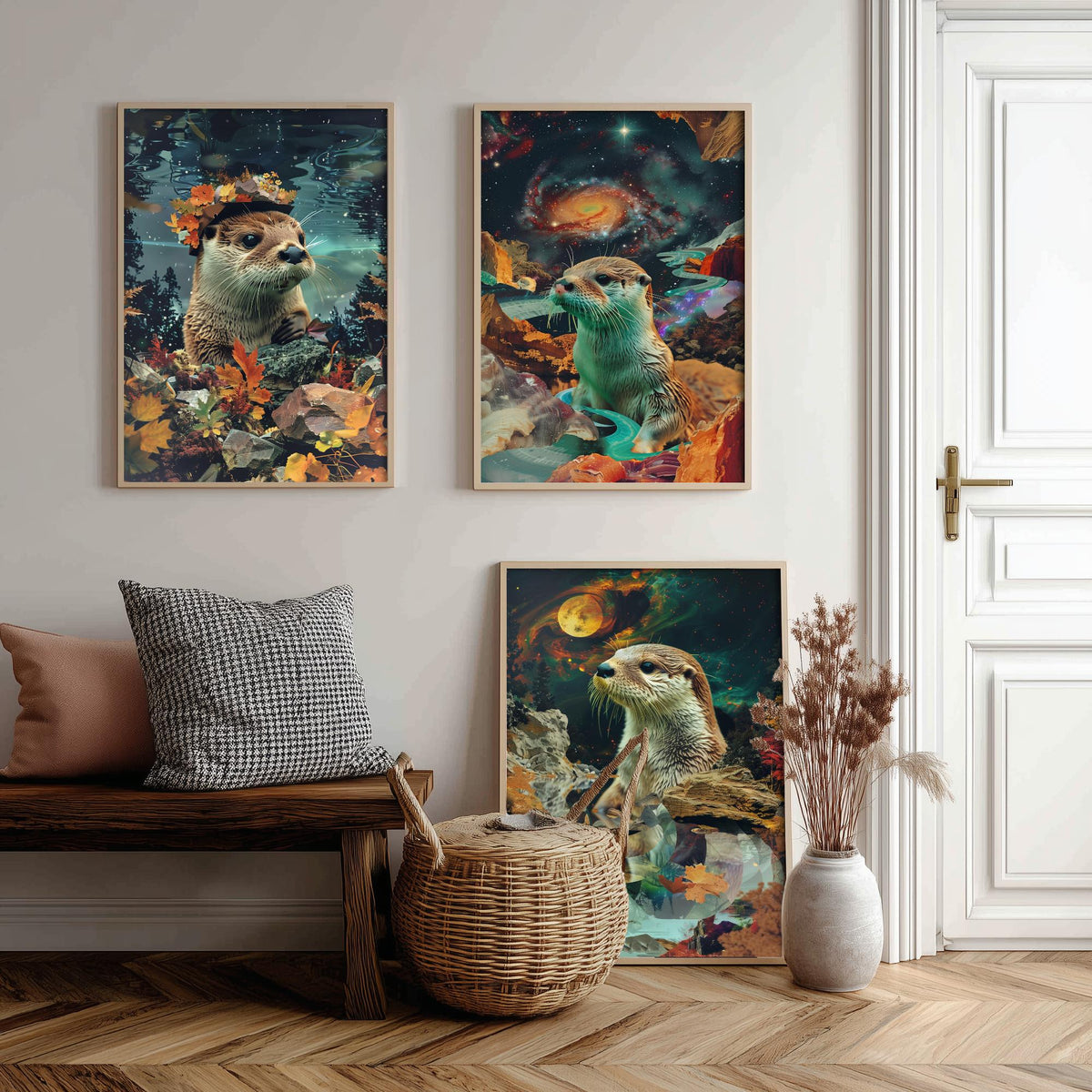 Otter Set of Three Art Prints - 3 Double Exposure River Posters - Surreal Galaxy Autumn Nature Wall Art Gift Painting Decor