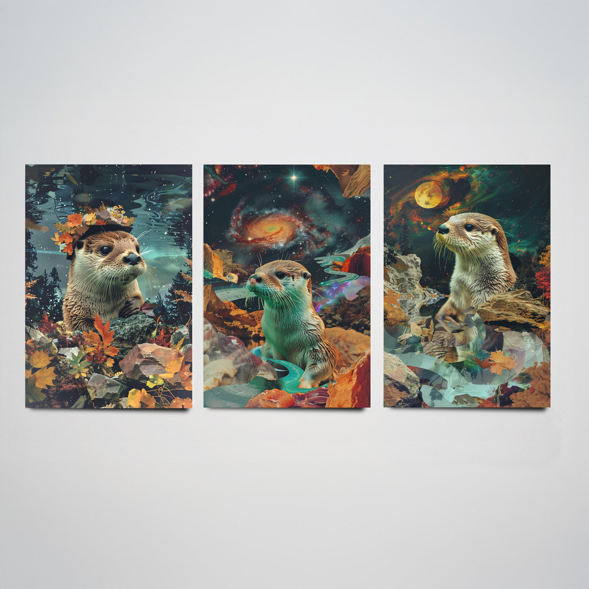 Otter Set of Three Art Prints - 3 Double Exposure River Posters - Surreal Galaxy Autumn Nature Wall Art Gift Painting Decor