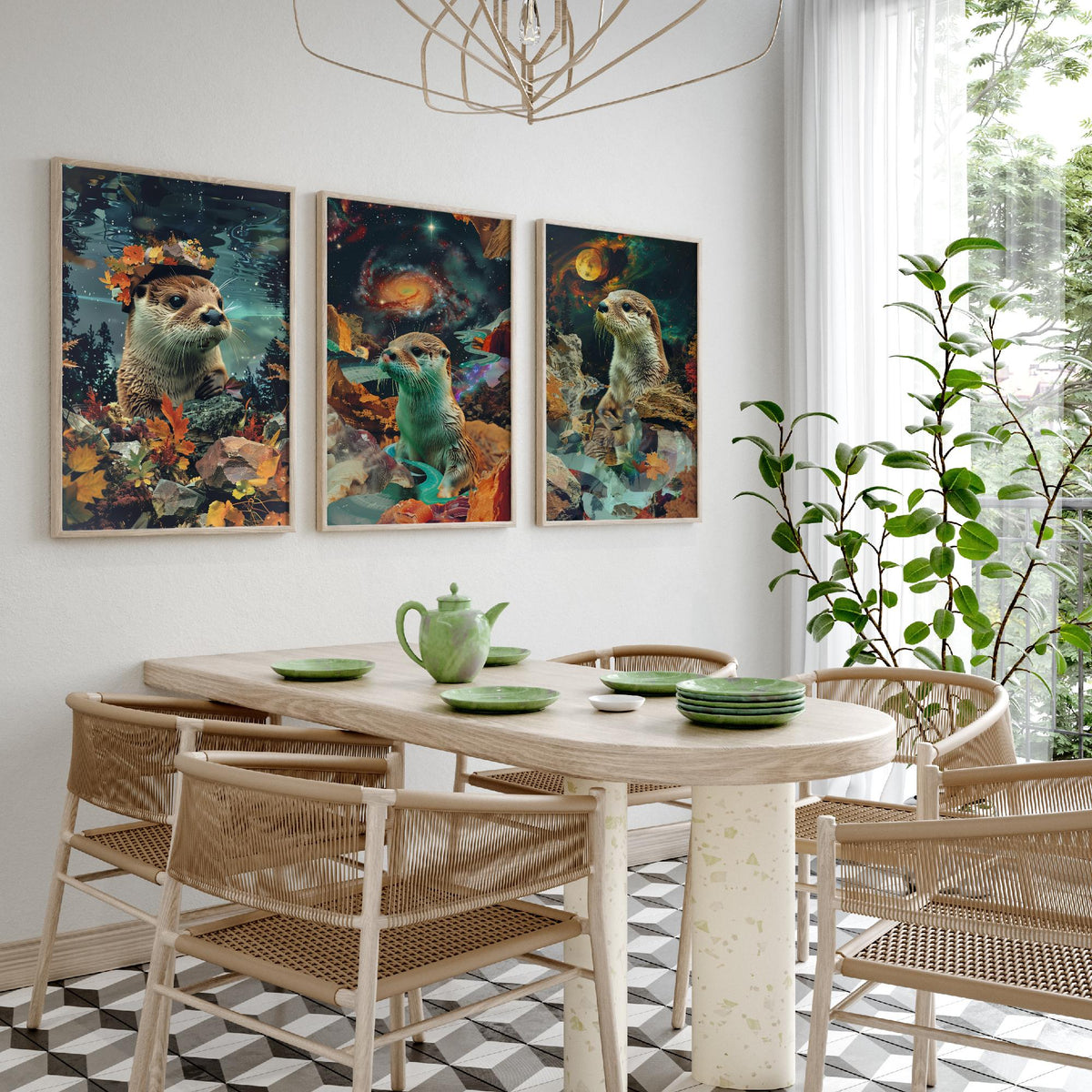 Otter Set of Three Art Prints - 3 Double Exposure River Posters - Surreal Galaxy Autumn Nature Wall Art Gift Painting Decor