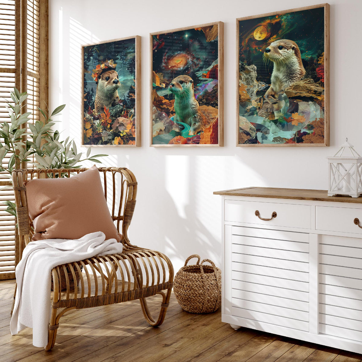 Otter Set of Three Art Prints - 3 Double Exposure River Posters - Surreal Galaxy Autumn Nature Wall Art Gift Painting Decor