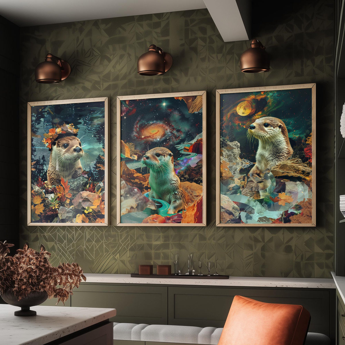 Otter Set of Three Art Prints - 3 Double Exposure River Posters - Surreal Galaxy Autumn Nature Wall Art Gift Painting Decor