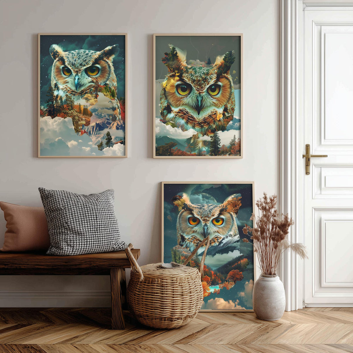 Owl Set of Three Art Prints - 3 Double Exposure Woodland Posters - Autumn Forest Surreal Nature Wall Art Gift Painting Moon