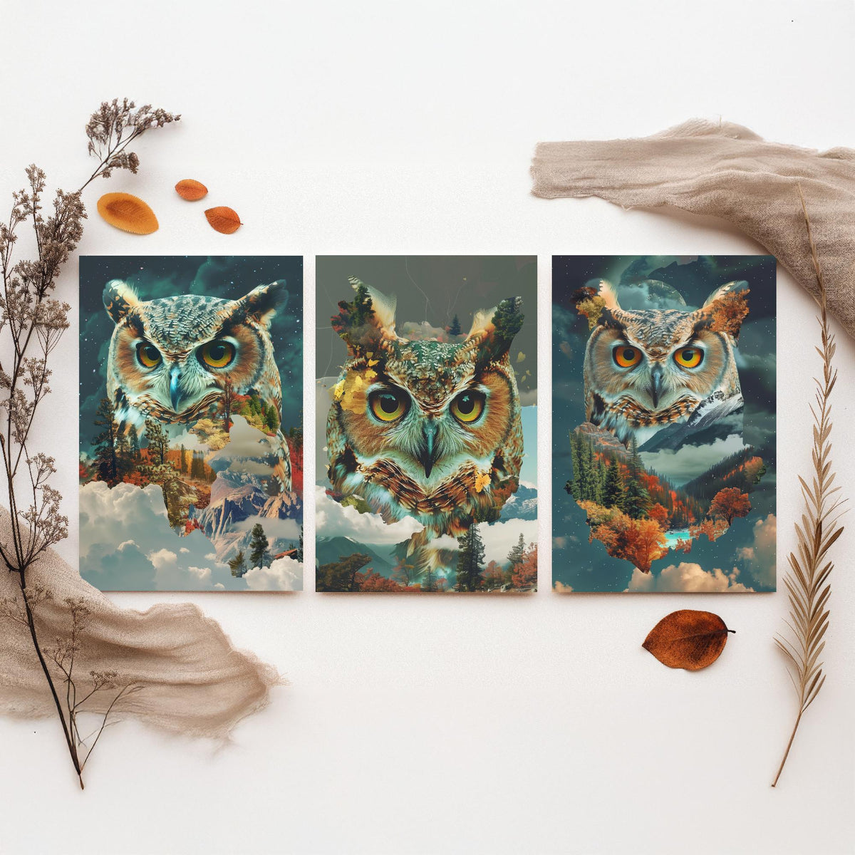 Owl Set of Three Art Prints - 3 Double Exposure Woodland Posters - Autumn Forest Surreal Nature Wall Art Gift Painting Moon