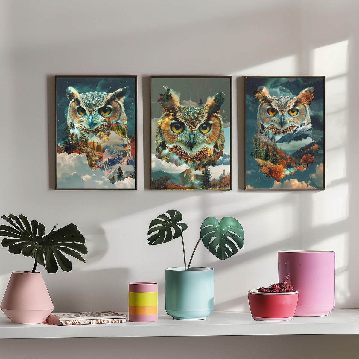 Owl Set of Three Art Prints - 3 Double Exposure Woodland Posters - Autumn Forest Surreal Nature Wall Art Gift Painting Moon