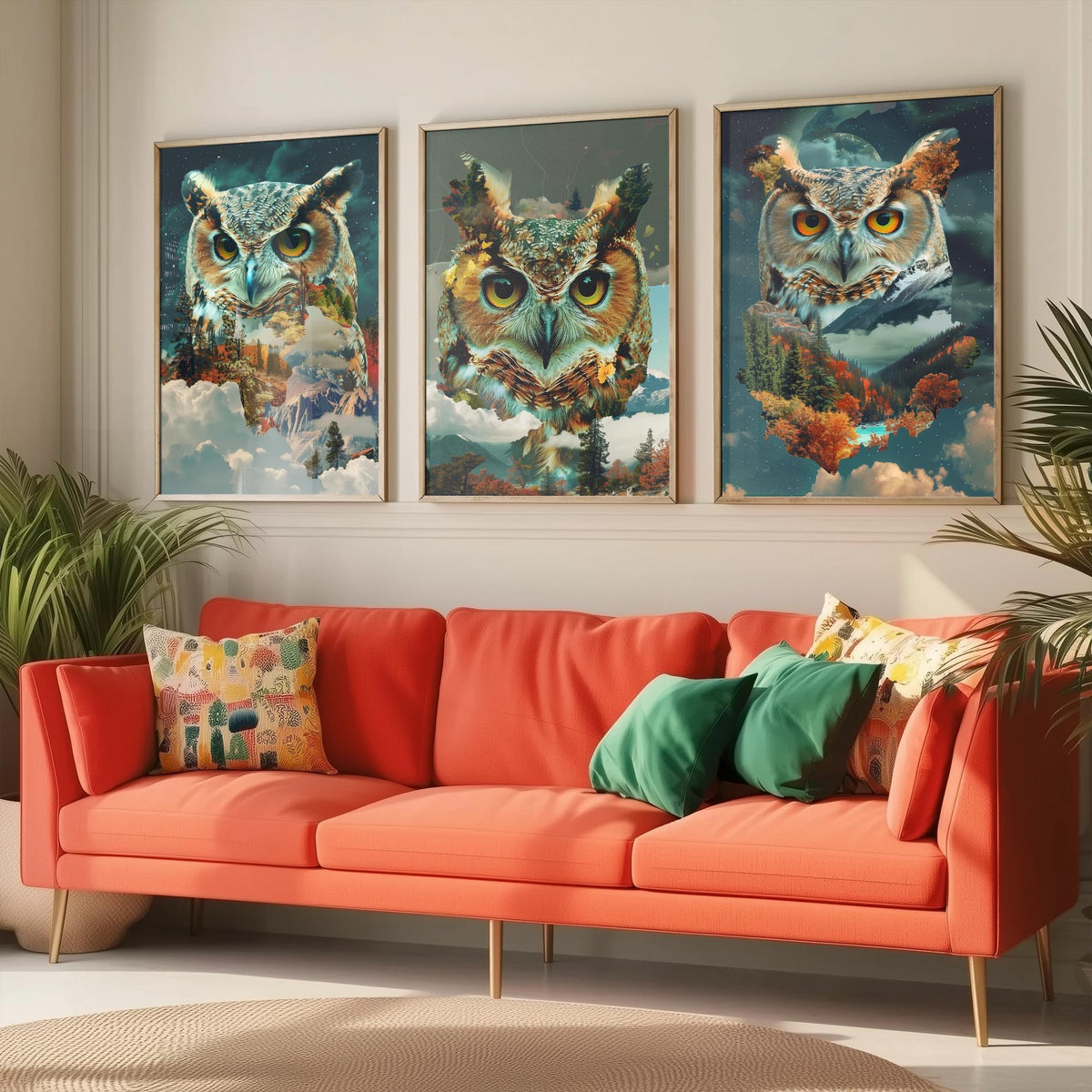 Owl Set of Three Art Prints - 3 Double Exposure Woodland Posters - Autumn Forest Surreal Nature Wall Art Gift Painting Moon