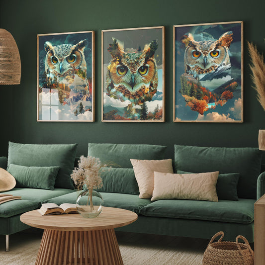 Owl Set of Three Art Prints - 3 Double Exposure Woodland Posters - Autumn Forest Surreal Nature Wall Art Gift Painting Moon
