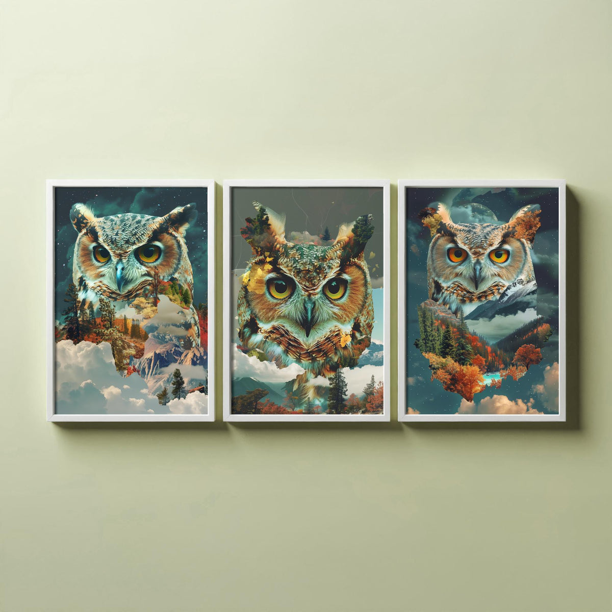 Owl Set of Three Art Prints - 3 Double Exposure Woodland Posters - Autumn Forest Surreal Nature Wall Art Gift Painting Moon