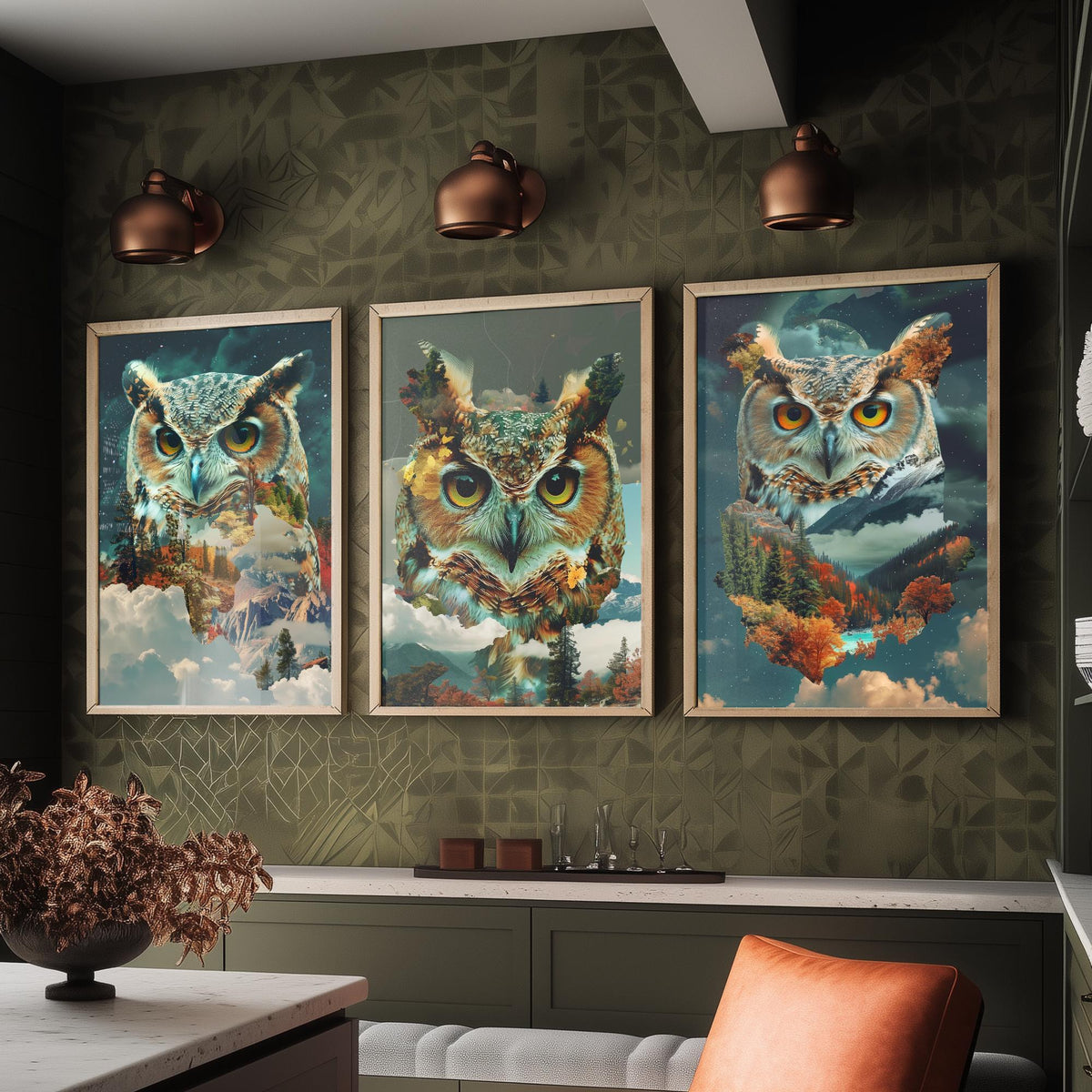 Owl Set of Three Art Prints - 3 Double Exposure Woodland Posters - Autumn Forest Surreal Nature Wall Art Gift Painting Moon