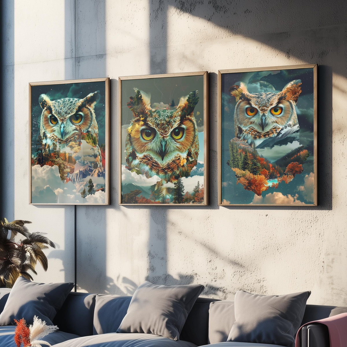 Owl Set of Three Art Prints - 3 Double Exposure Woodland Posters - Autumn Forest Surreal Nature Wall Art Gift Painting Moon