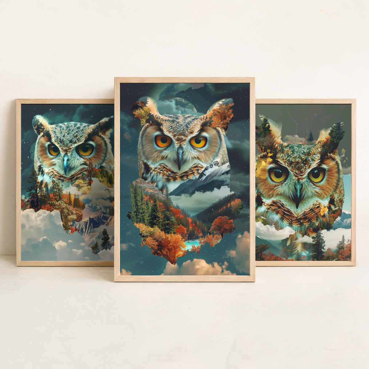 Owl Set of Three Art Prints - 3 Double Exposure Woodland Posters - Autumn Forest Surreal Nature Wall Art Gift Painting Moon