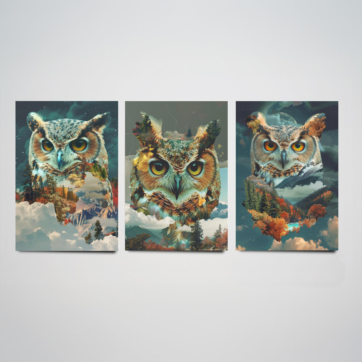 Owl Set of Three Art Prints - 3 Double Exposure Woodland Posters - Autumn Forest Surreal Nature Wall Art Gift Painting Moon