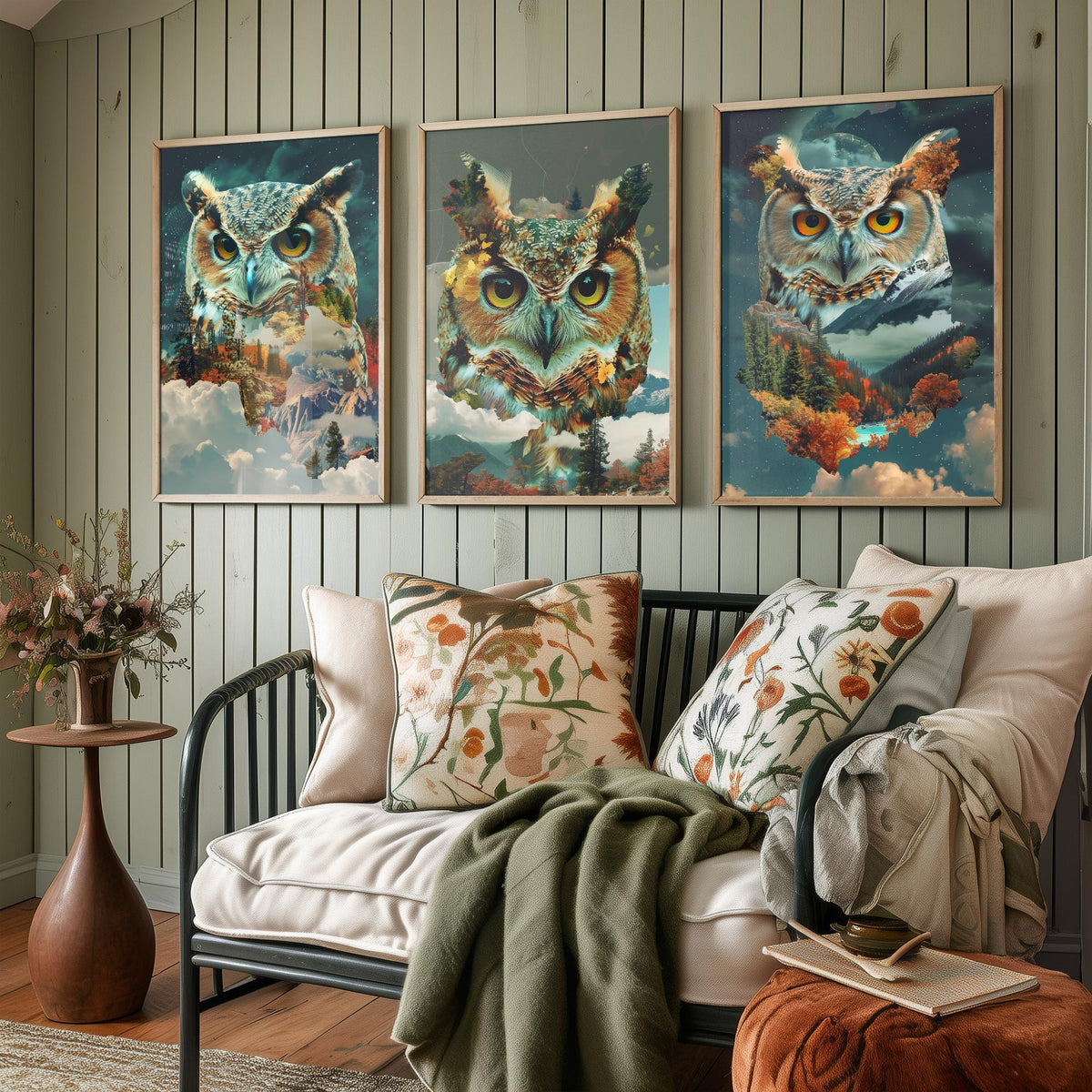 Owl Set of Three Art Prints - 3 Double Exposure Woodland Posters - Autumn Forest Surreal Nature Wall Art Gift Painting Moon