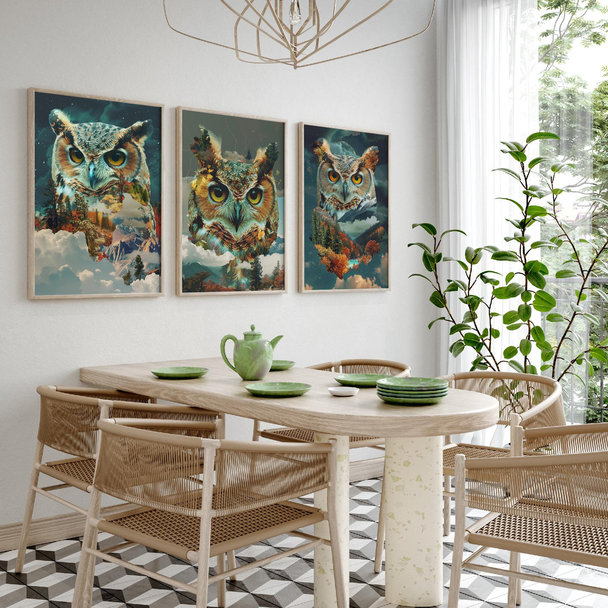 Owl Set of Three Art Prints - 3 Double Exposure Woodland Posters - Autumn Forest Surreal Nature Wall Art Gift Painting Moon