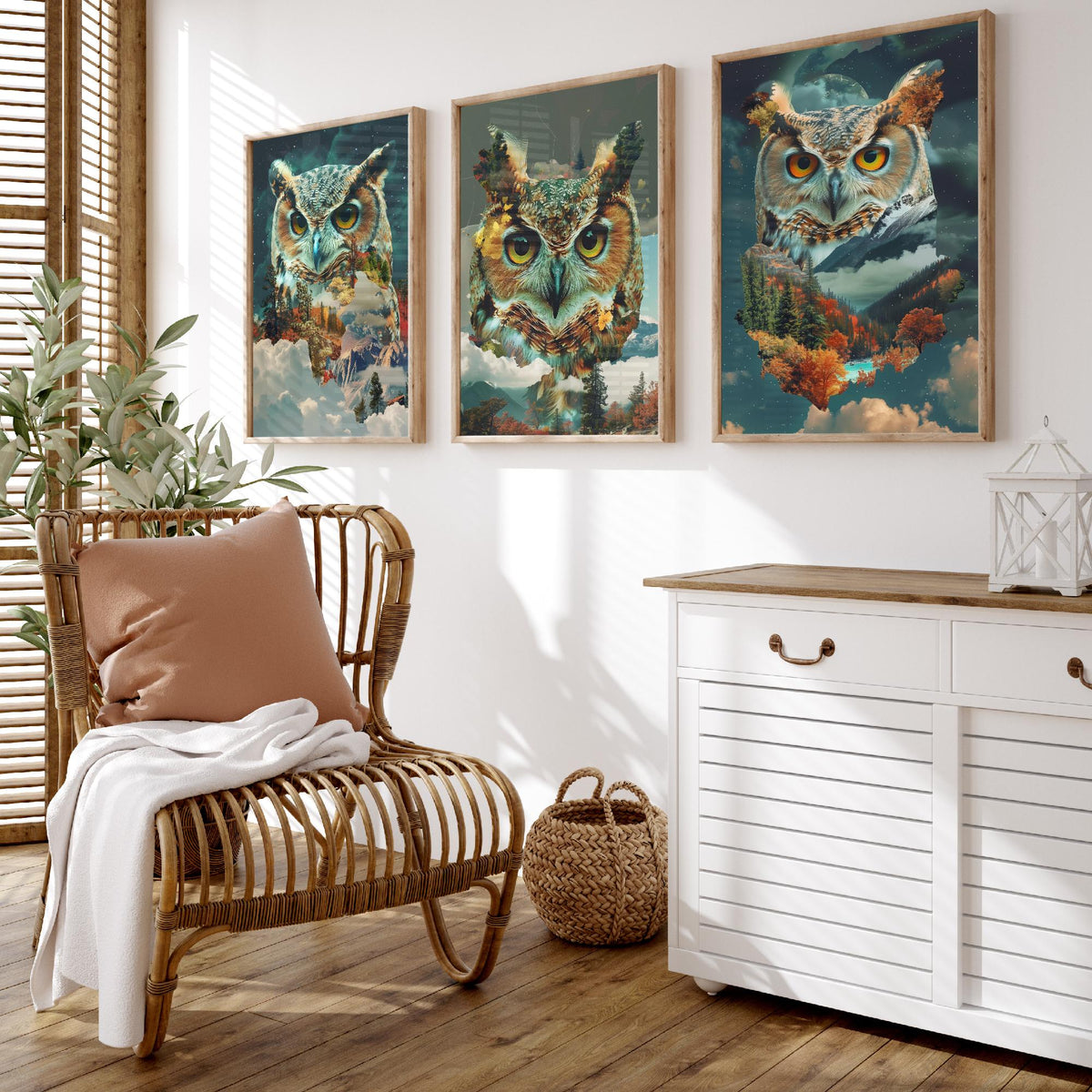 Owl Set of Three Art Prints - 3 Double Exposure Woodland Posters - Autumn Forest Surreal Nature Wall Art Gift Painting Moon