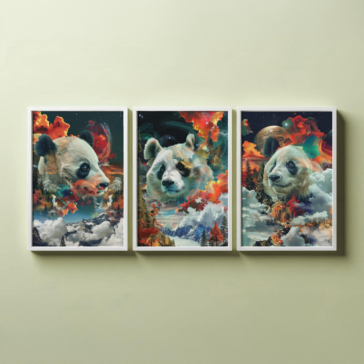 Panda Set of Three Art Prints - 3 Double Exposure Wildlife Posters - Surreal Mountain Cosmic Nature Wall Art Gift Painting