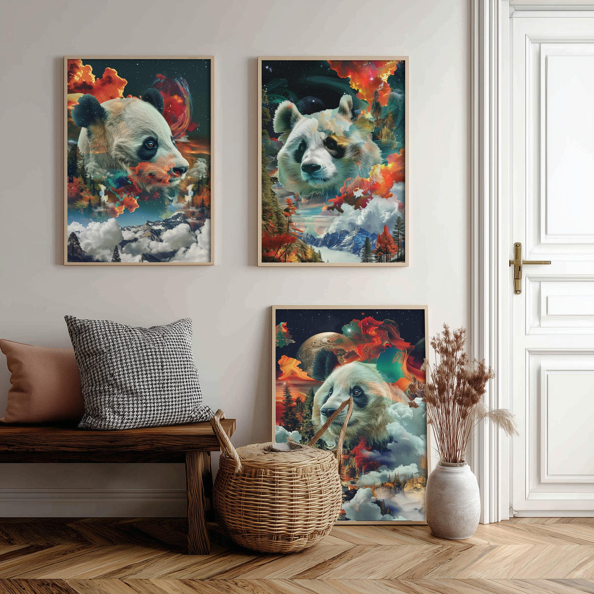 Panda Set of Three Art Prints - 3 Double Exposure Wildlife Posters - Surreal Mountain Cosmic Nature Wall Art Gift Painting